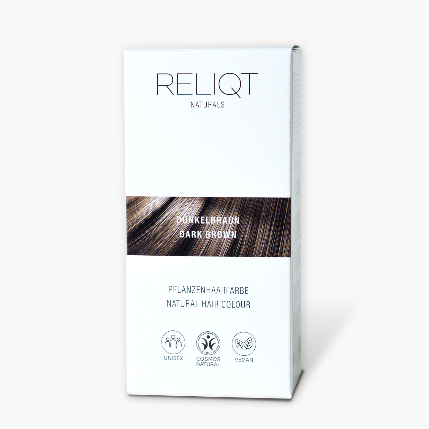 Verpackung der RELIQT Pflanzenhaarfarbe DUNKELBRAUN – 100% natürliche, zertifizierte Naturkosmetik ohne synthetische Farbstoffe.