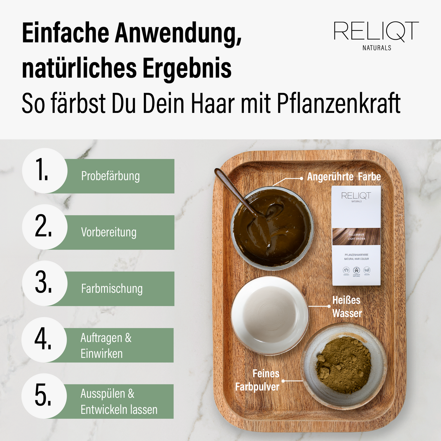 Anwendung der RELIQT Pflanzenhaarfarbe Hellbraun Schritt für Schritt – von der Probefärbung über Farbmischung bis zum Einwirken und Ausspülen, natürliche Haarfarbe mit Pflanzenkraft
