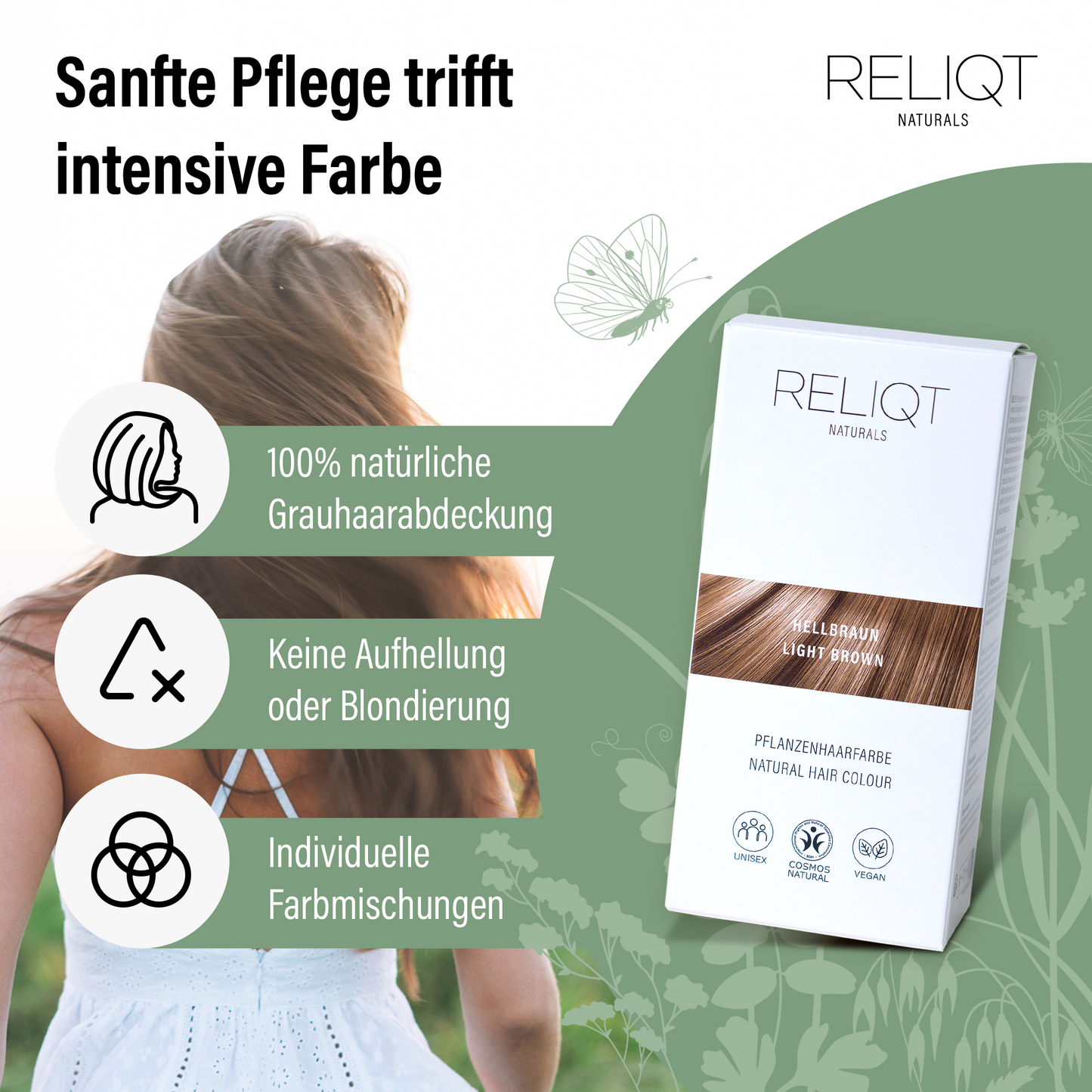 RELIQT Pflanzenhaarfarbe Hellbraun – natürliche Grauabdeckung ohne Aufhellung, individuelle Farbmischungen und sanfte Pflege mit zertifizierter Naturkosmetik