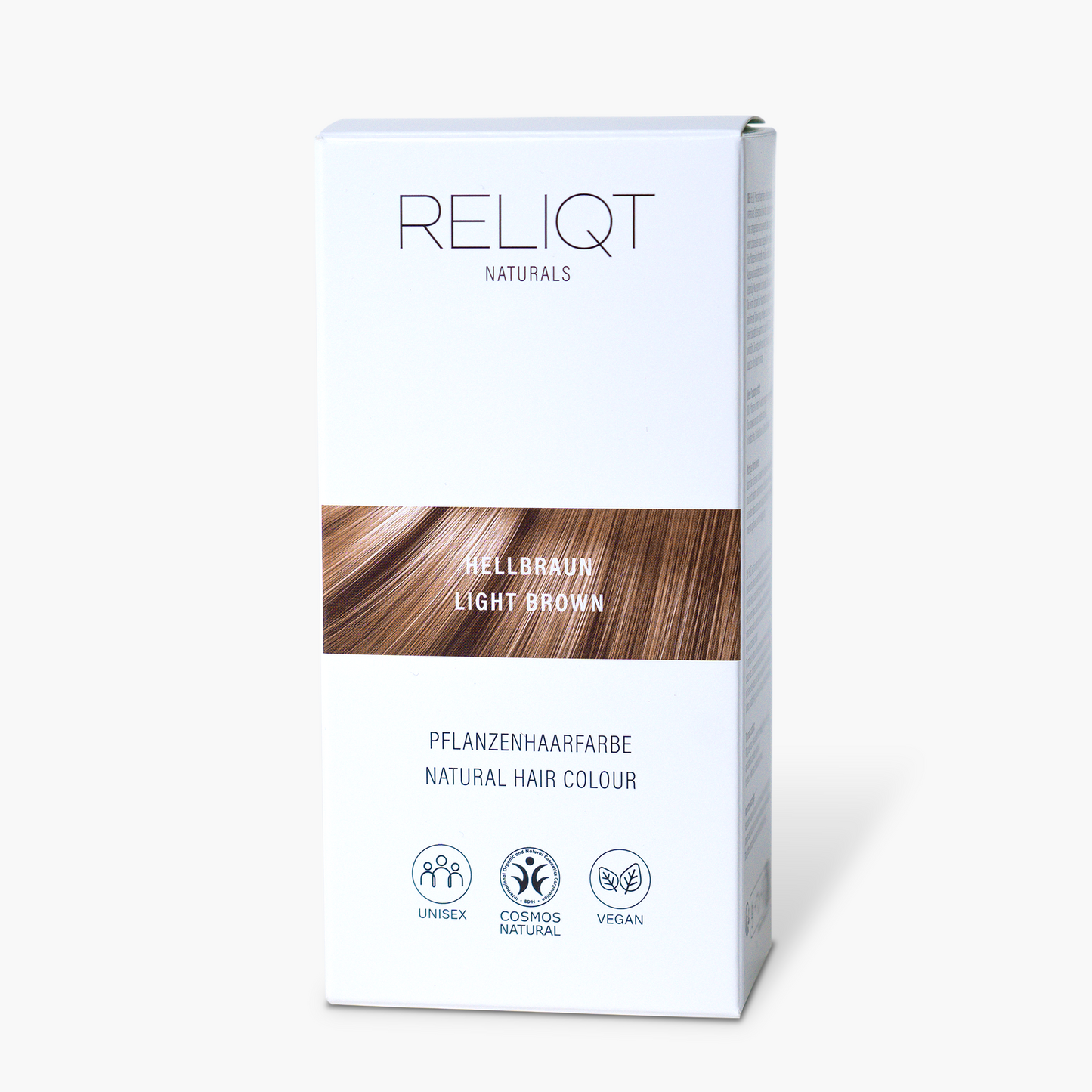 Verpackung der RELIQT Pflanzenhaarfarbe HELLBRAUN – 100% natürliche, zertifizierte Naturkosmetik ohne synthetische Farbstoffe.