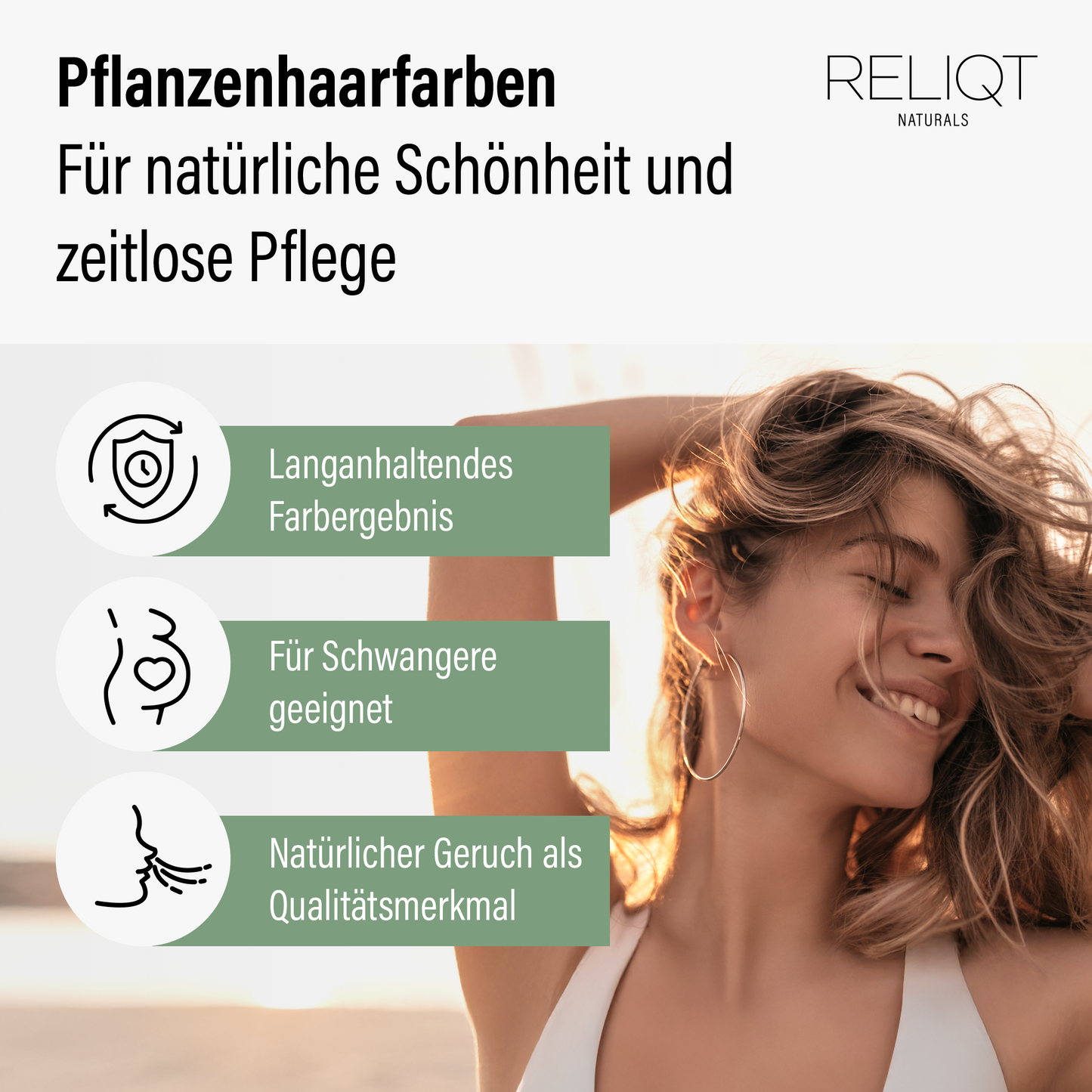 Vorteile der RELIQT Pflanzenhaarfarbe Hellbraun: langanhaltendes Farbergebnis, für Schwangere geeignet, natürlicher Geruch – für zeitlose Pflege und natürliche Schönheit