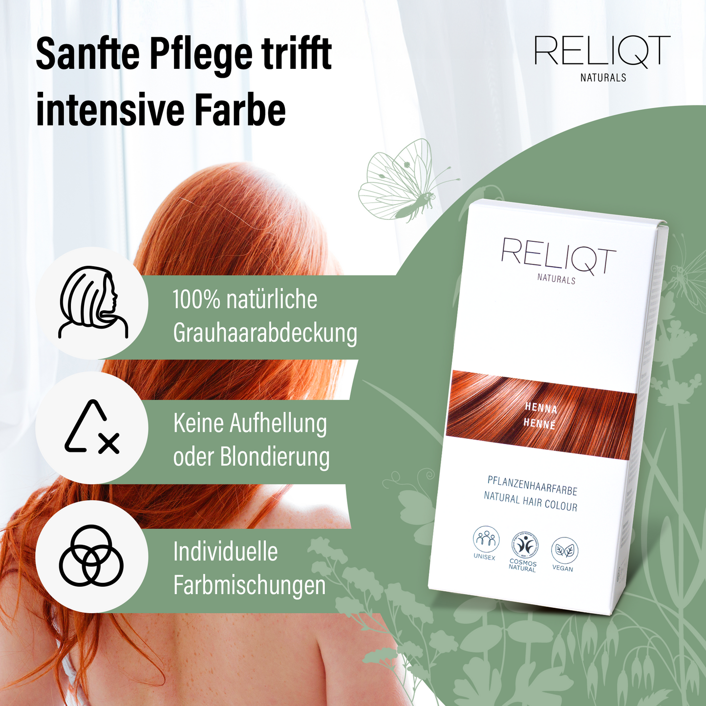 RELIQT Pflanzenhaarfarbe Henna – natürliche Grauabdeckung ohne Aufhellung, individuelle Farbmischungen und sanfte Pflege mit zertifizierter Naturkosmetik