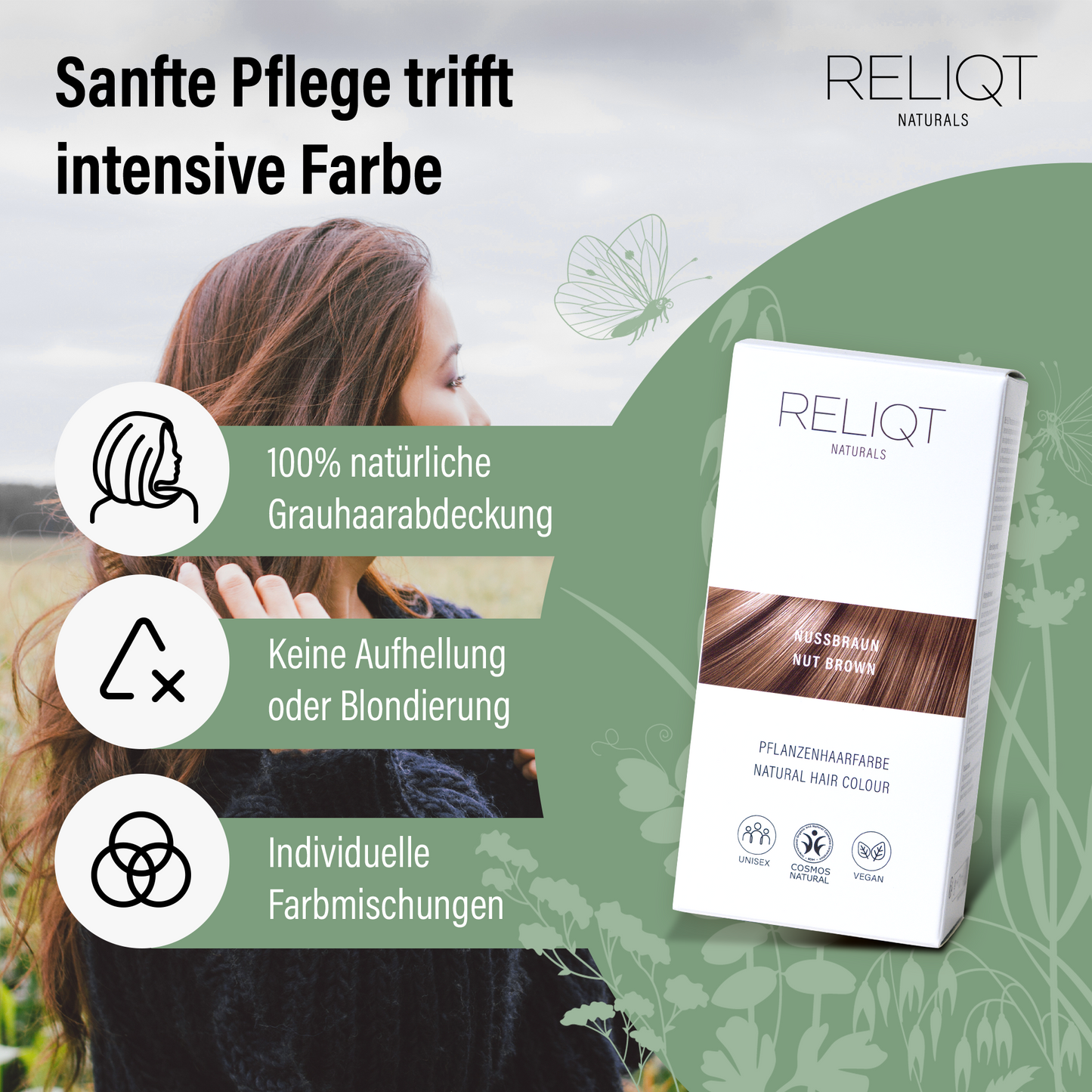 RELIQT Pflanzenhaarfarbe Nussbraun – natürliche Grauabdeckung ohne Aufhellung, individuelle Farbmischungen und sanfte Pflege mit zertifizierter Naturkosmetik