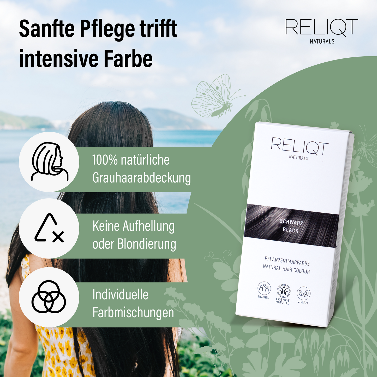RELIQT Pflanzenhaarfarbe Schwarz – natürliche Grauabdeckung ohne Aufhellung, individuelle Farbmischungen und sanfte Pflege mit zertifizierter Naturkosmetik