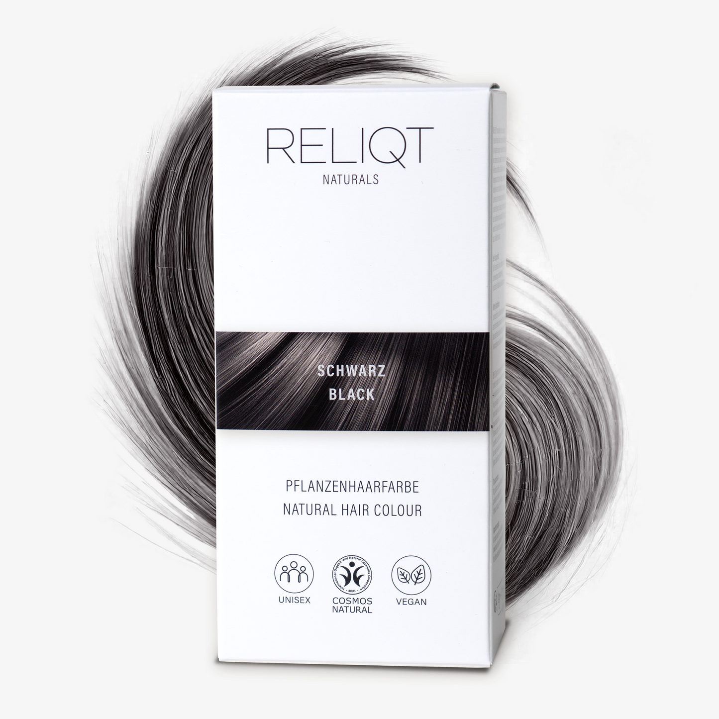 RELIQT Pflanzenhaarfarbe in Schwarz – vegane Naturhaarfarbe mit Cosmos Natural Zertifizierung, unisex geeignet, sanfte natürliche Haarfärbung