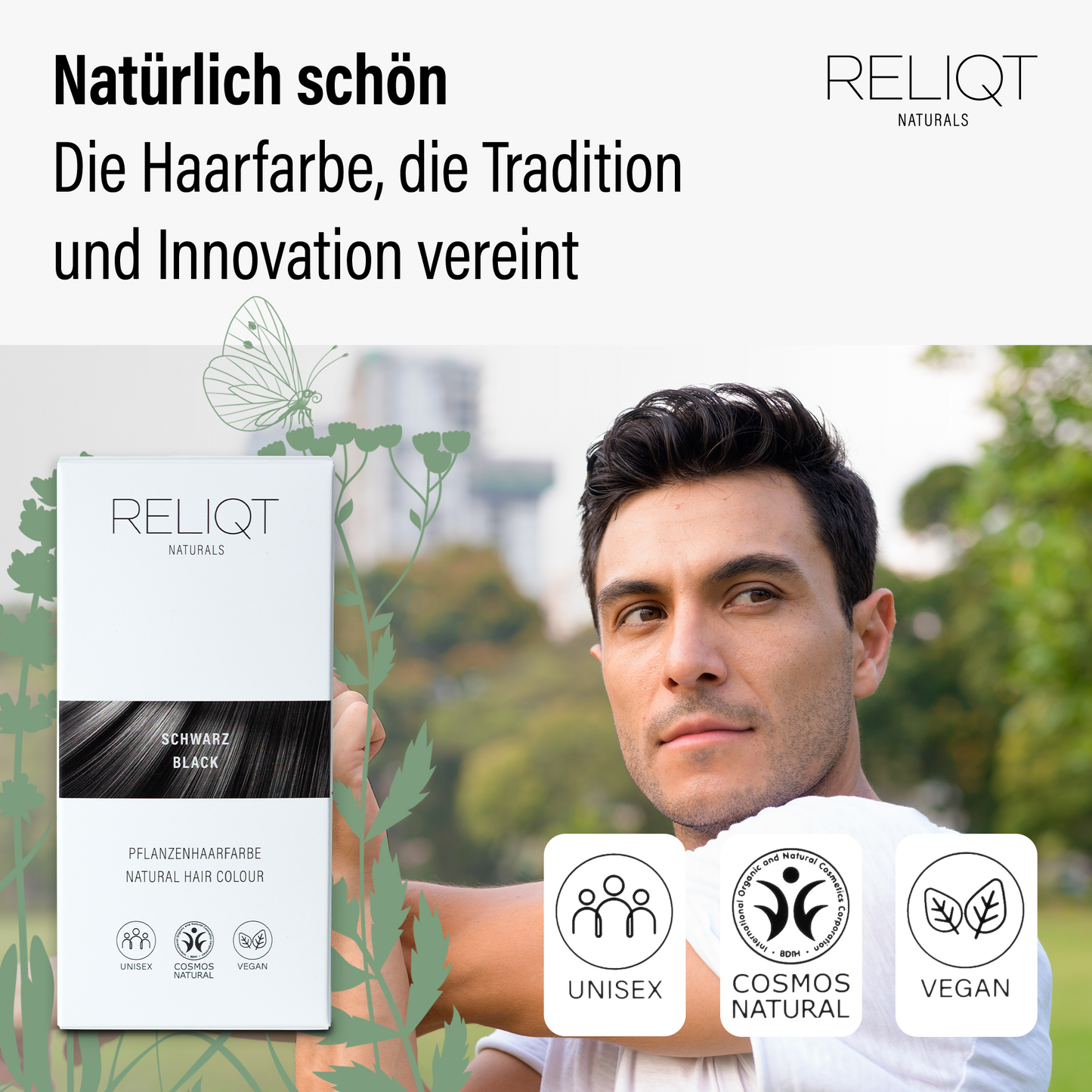 RELIQT Pflanzenhaarfarbe Schwarz – natürliche Haarfarbe für Männer und Frauen, unisex anwendbar, vegan und Cosmos Natural zertifiziert, vereint Tradition und Innovation