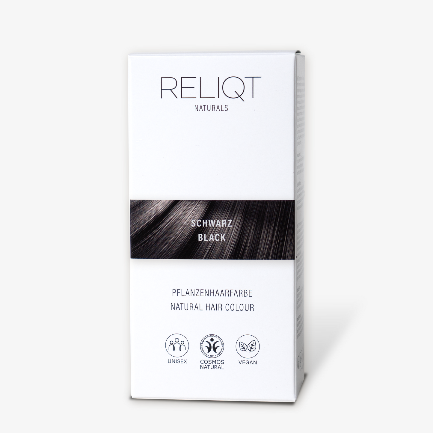 Verpackung der RELIQT Pflanzenhaarfarbe SCHWARZ – 100% natürliche, zertifizierte Naturkosmetik ohne synthetische Farbstoffe.
