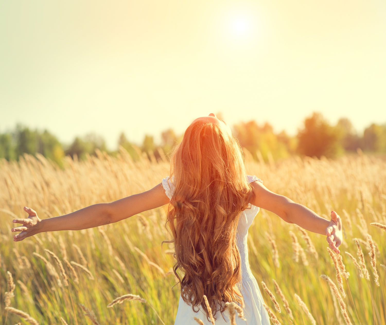 Frau mit langen glänzenden Haaren in einem sonnigen Getreidefeld – Symbolbild für natürliche Haarpflege, Pflanzenhaarfarbe und Naturkosmetik von RELIQT