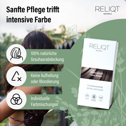 RELIQT Pflanzenhaarfarbe Dunkelbraun – natürliche Grauabdeckung ohne Aufhellung, individuelle Farbmischungen und sanfte Pflege mit zertifizierter Naturkosmetik