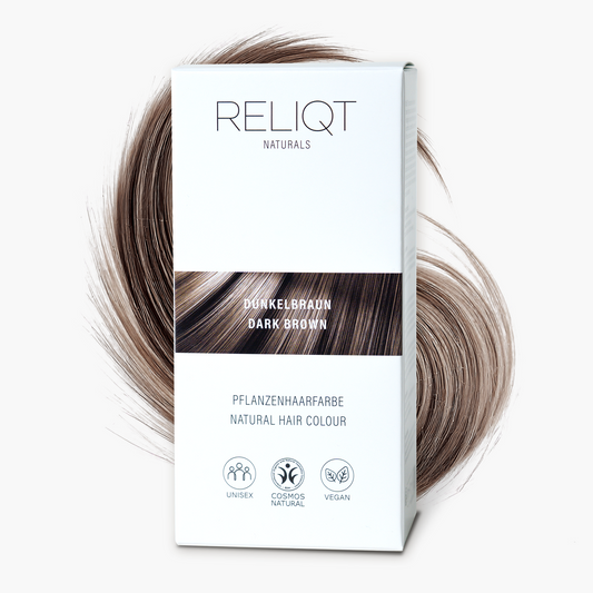 RELIQT Pflanzenhaarfarbe in Dunkelbraun – vegane Naturhaarfarbe mit Cosmos Natural Zertifizierung, unisex geeignet, sanfte natürliche Haarfärbung