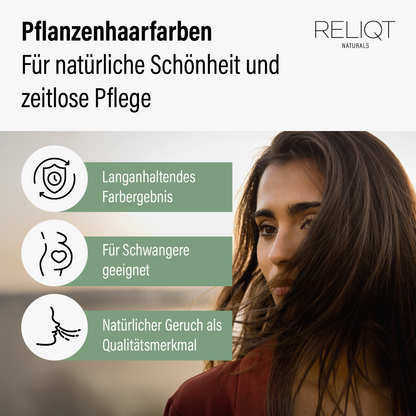 Vorteile der RELIQT Pflanzenhaarfarbe Dunkelbraun: langanhaltendes Farbergebnis, für Schwangere geeignet, natürlicher Geruch – für zeitlose Pflege und natürliche Schönheit