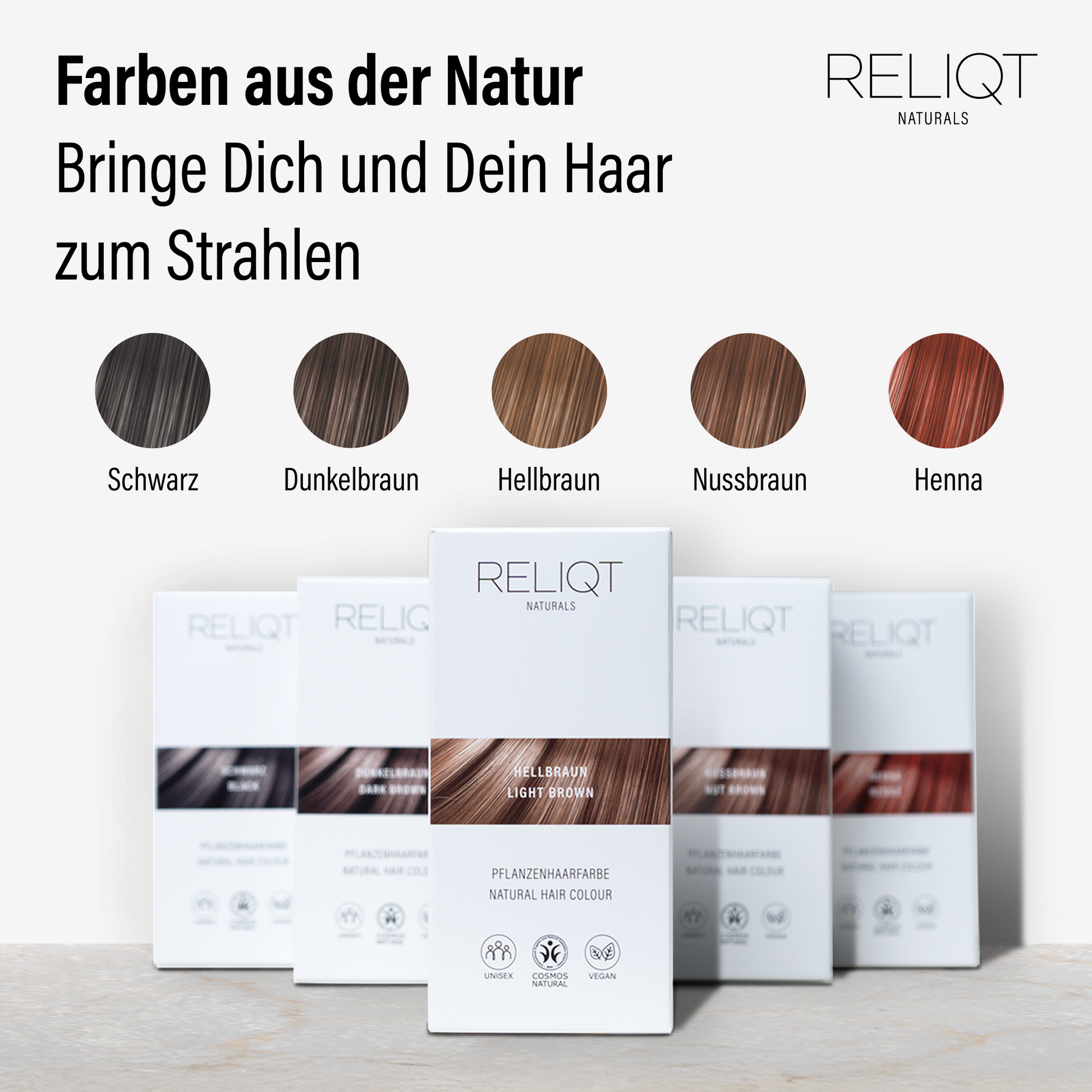 Farbübersicht der RELIQT Pflanzenhaarfarbe – Naturhaarfarben in Schwarz, Dunkelbraun, Hellbraun, Nussbraun und Henna, zertifizierte vegane Naturkosmetik