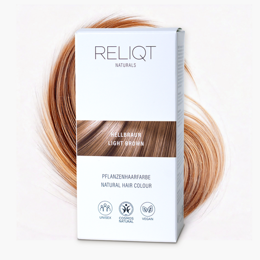 RELIQT Pflanzenhaarfarbe in Hellbraun – vegane Naturhaarfarbe mit Cosmos Natural Zertifizierung, unisex geeignet, sanfte natürliche Haarfärbung