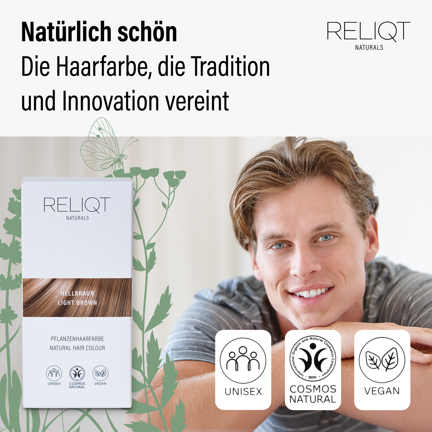 RELIQT Pflanzenhaarfarbe Hellbraun – natürliche Haarfarbe für Männer und Frauen, unisex anwendbar, vegan und Cosmos Natural zertifiziert, vereint Tradition und Innovation