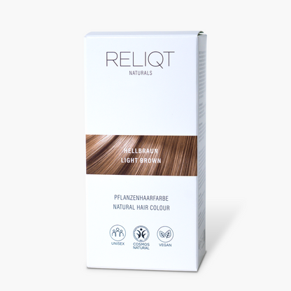 Verpackung der RELIQT Pflanzenhaarfarbe HELLBRAUN  – 100% natürliche, zertifizierte Naturkosmetik ohne synthetische Farbstoffe.
