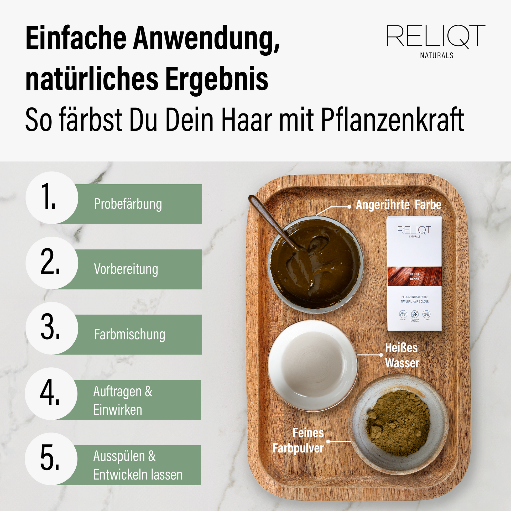 Anwendung der RELIQT Pflanzenhaarfarbe Henna Schritt für Schritt – von der Probefärbung über Farbmischung bis zum Einwirken und Ausspülen, natürliche Haarfarbe mit Pflanzenkraft