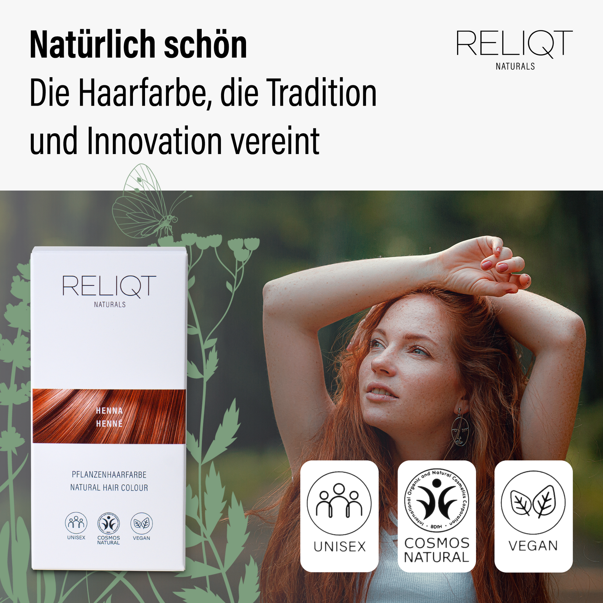 RELIQT Pflanzenhaarfarbe Henna – natürliche Haarfarbe für Männer und Frauen, unisex anwendbar, vegan und Cosmos Natural zertifiziert, vereint Tradition und Innovation