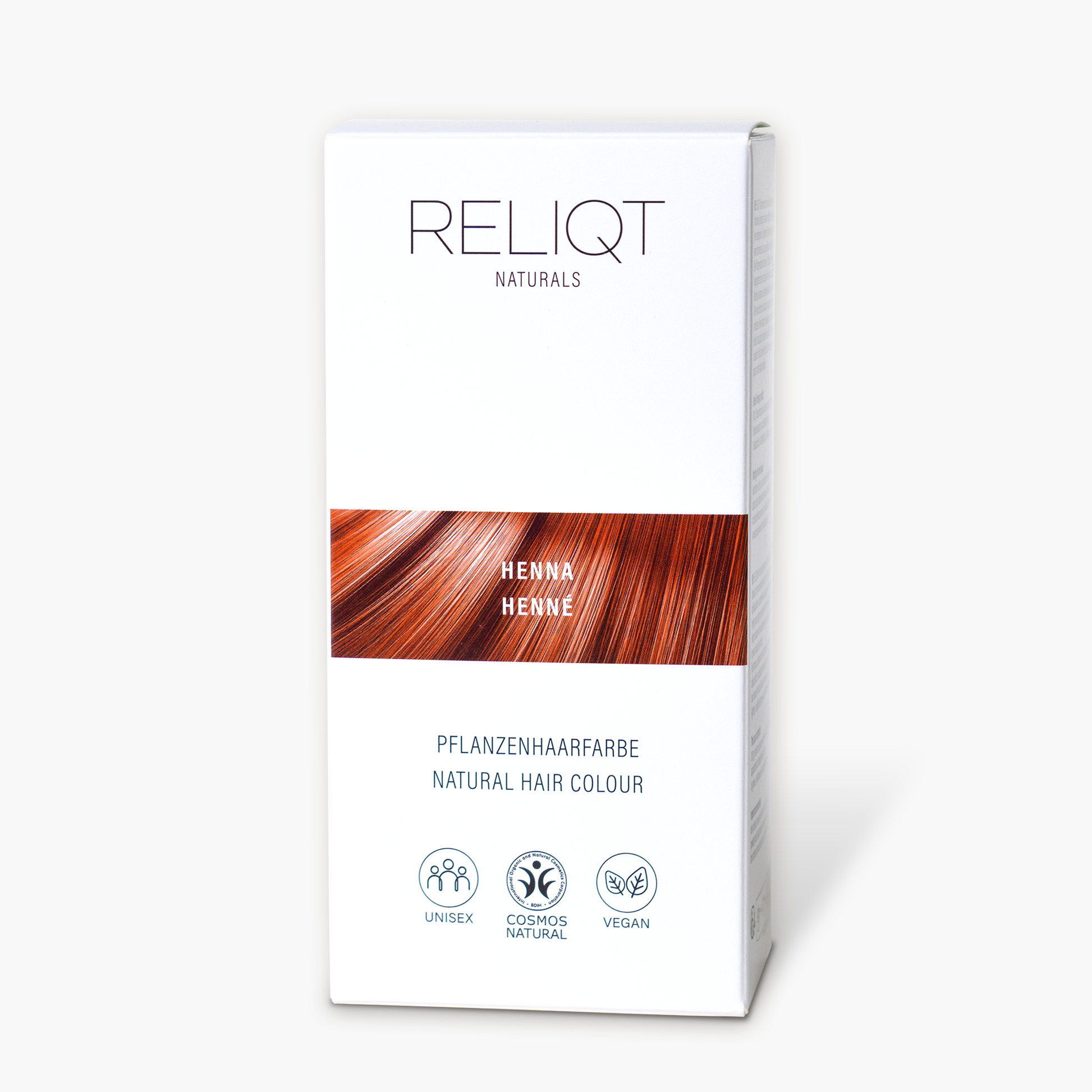 Verpackung der RELIQT Pflanzenhaarfarbe Henna – 100% natürliche, zertifizierte Naturkosmetik ohne synthetische Farbstoffe.