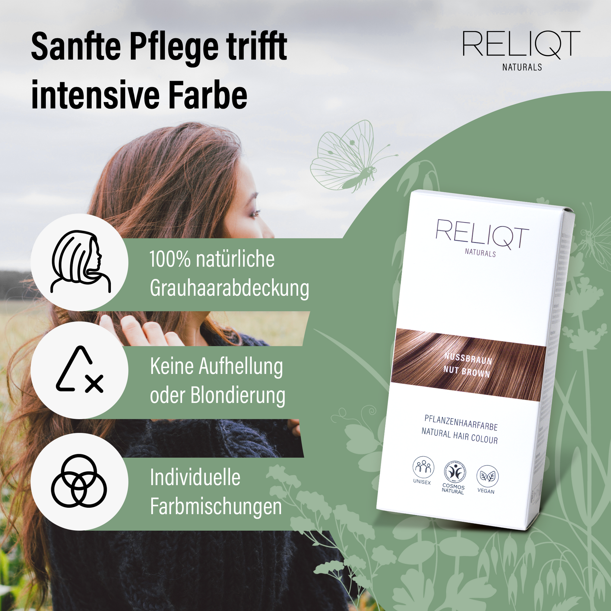 RELIQT Pflanzenhaarfarbe Nussbraun – natürliche Grauabdeckung ohne Aufhellung, individuelle Farbmischungen und sanfte Pflege mit zertifizierter Naturkosmetik
