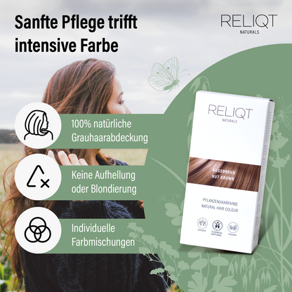 RELIQT Pflanzenhaarfarbe Nussbraun – natürliche Grauabdeckung ohne Aufhellung, individuelle Farbmischungen und sanfte Pflege mit zertifizierter Naturkosmetik