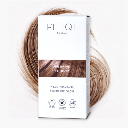 RELIQT Pflanzenhaarfarbe in Nussbraun – vegane Naturhaarfarbe mit Cosmos Natural Zertifizierung, unisex geeignet, sanfte natürliche Haarfärbung
