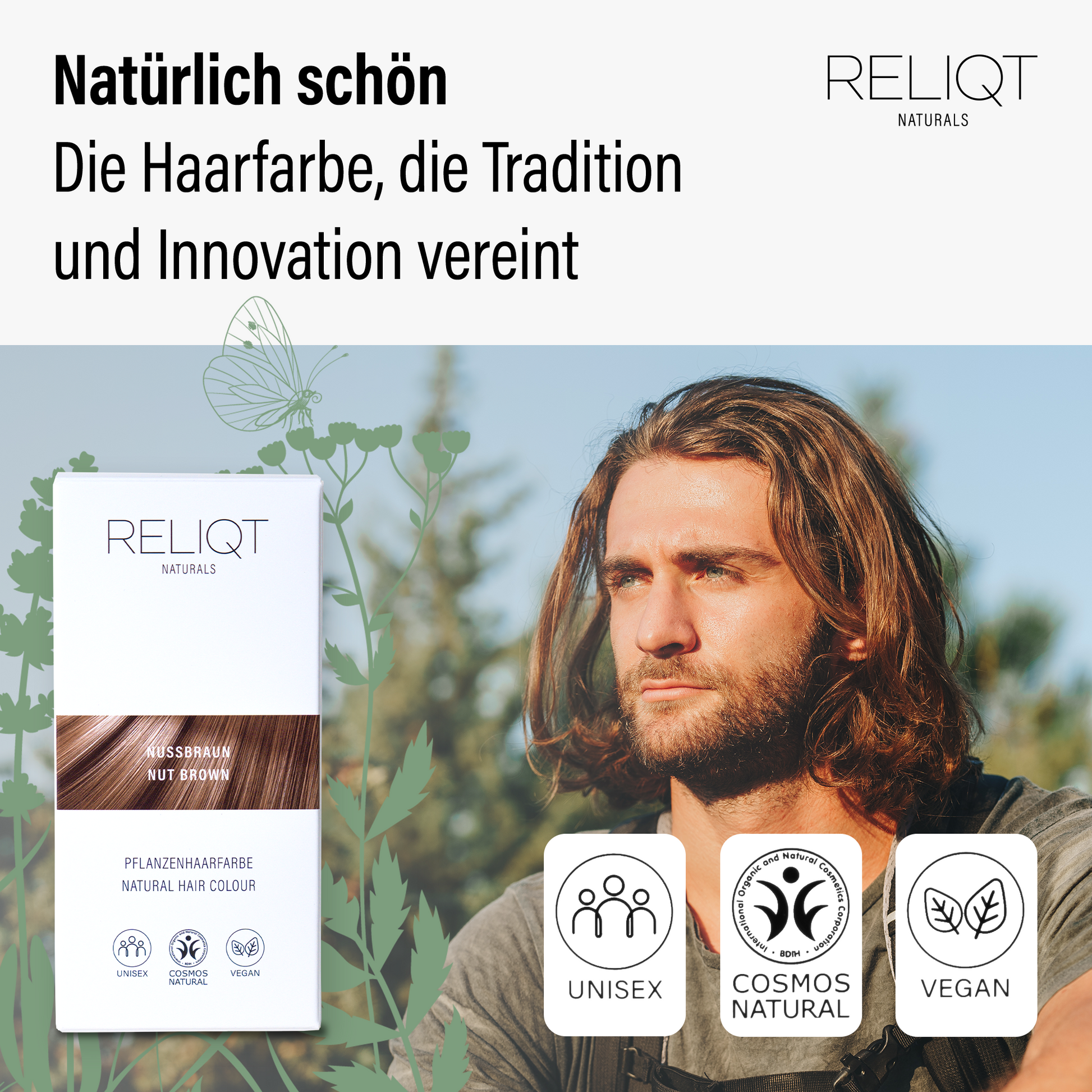 RELIQT Pflanzenhaarfarbe Nussbraun – natürliche Haarfarbe für Männer und Frauen, unisex anwendbar, vegan und Cosmos Natural zertifiziert, vereint Tradition und Innovation