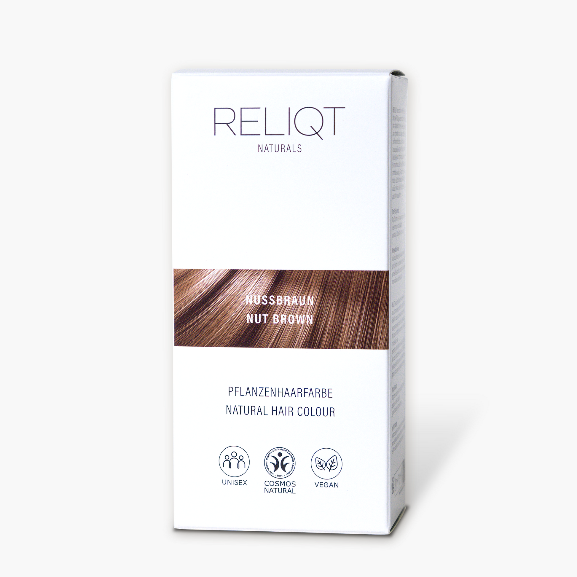 Verpackung der RELIQT Pflanzenhaarfarbe NUSSBRAUN – 100% natürliche, zertifizierte Naturkosmetik ohne synthetische Farbstoffe.