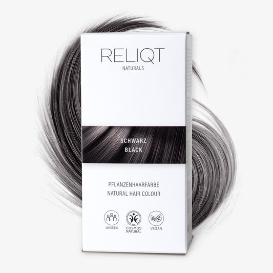 RELIQT Pflanzenhaarfarbe in Schwarz – vegane Naturhaarfarbe mit Cosmos Natural Zertifizierung, unisex geeignet, sanfte natürliche Haarfärbung